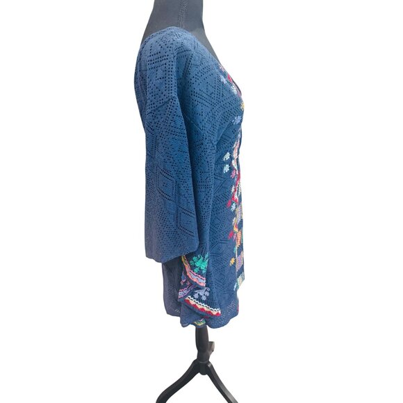 Judith March Boho Hippie Embroidered V-Neck Dress S Navy Bat Wing Sleeves Mini - Picture 5 of 10